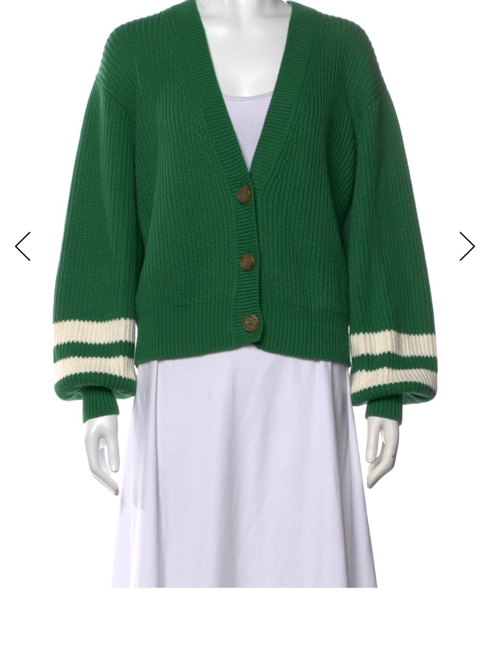 MOTHER Green V-Neck Button Cardigan with Cream Sleeve Stripes
